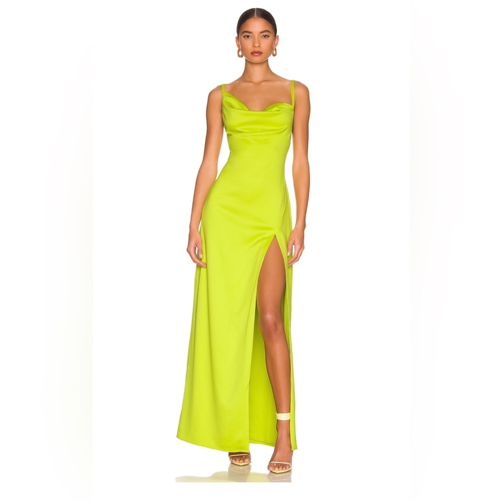 Lime Green Maxi Dress with Cowl Neck & Split Hem